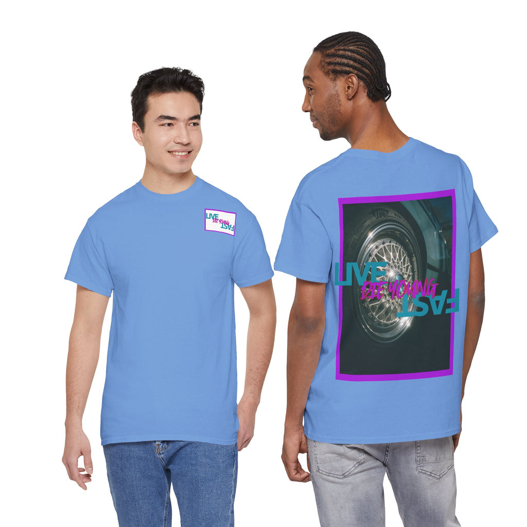 T-Shirt — Retro Wheel Photo "Live Fast, Die Young" Graphic Tee