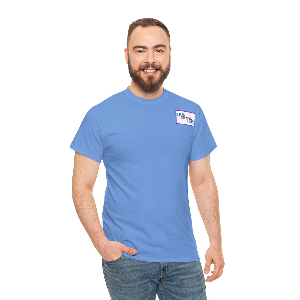 T-Shirt — Retro Wheel Photo "Live Fast, Die Young" Graphic Tee