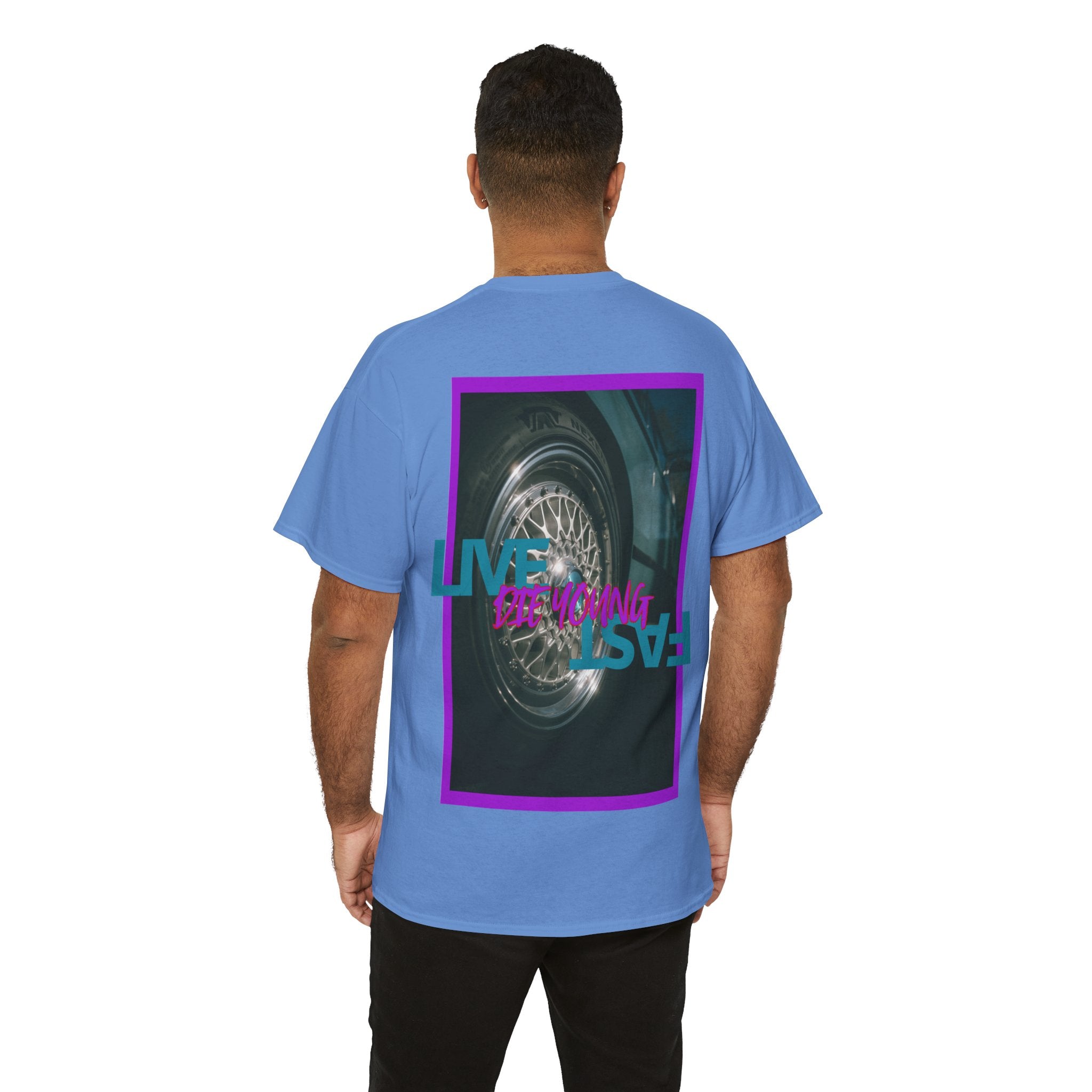 T-Shirt — Retro Wheel Photo "Live Fast, Die Young" Graphic Tee