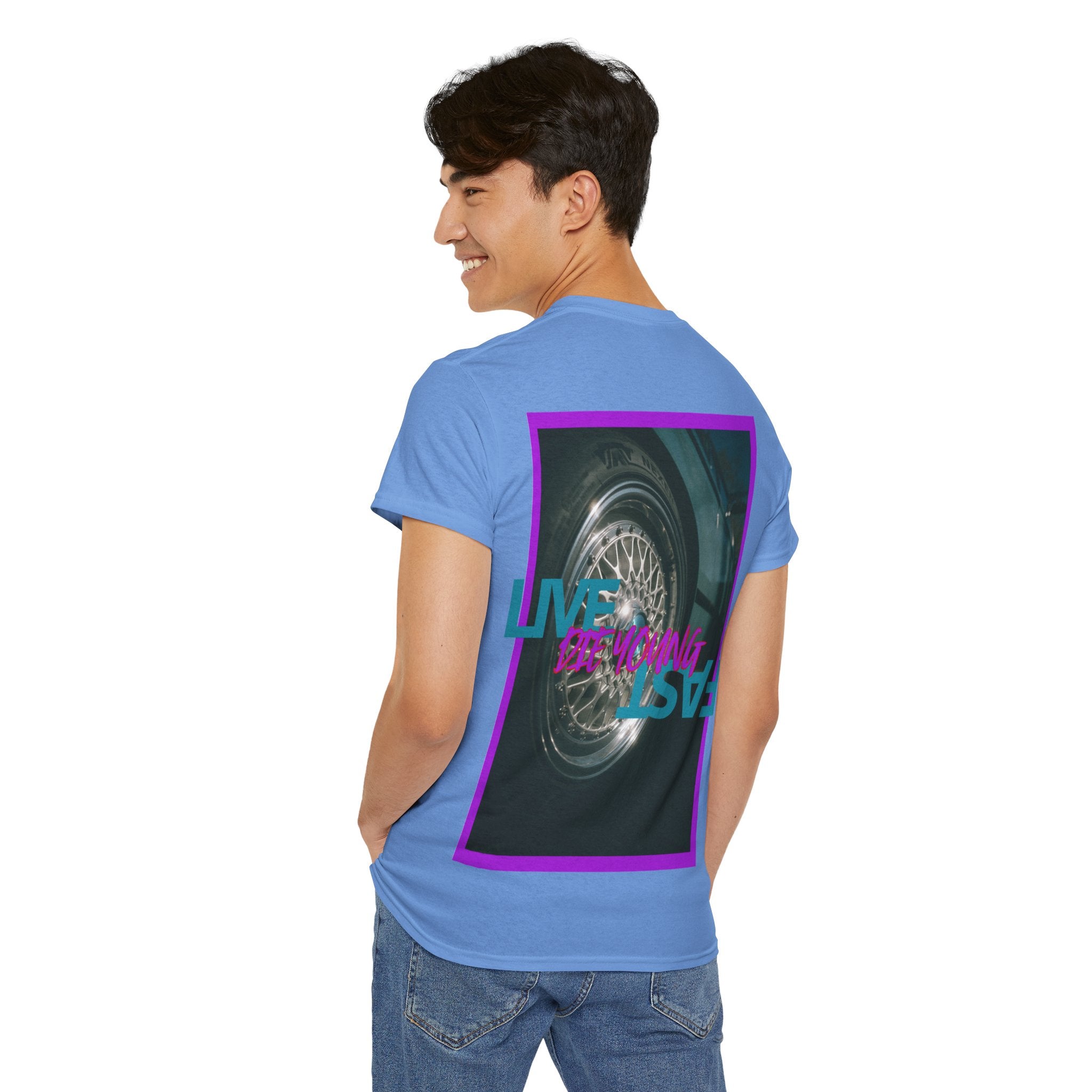 T-Shirt — Retro Wheel Photo "Live Fast, Die Young" Graphic Tee